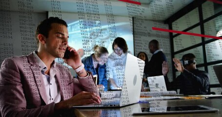 Poster - Animation of financial data processing over diverse business people in office