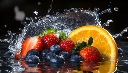 Wall Mural - A splash of water surrounding fresh fruit.