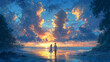 © Just1 - A couple in love is walking on the ocean shore. Anime style