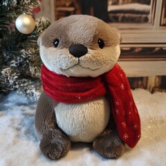 Canvas Print - A plush otter wearing a red scarf sits in front of a snowy background.