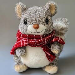 Canvas Print - A plush squirrel wearing a red and white checkered scarf, sitting on a gray background.