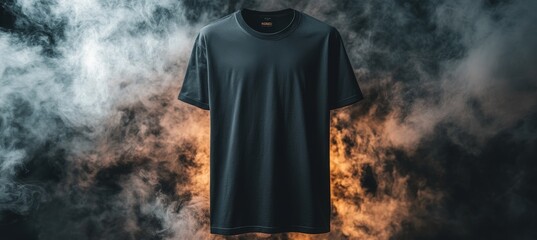 Canvas Print - Isolated black T-shirt on dark background with smoky texture, fashion apparel mockup template