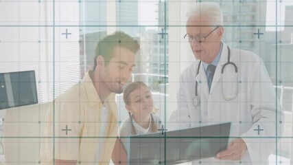 Poster - Animation of squares over caucasian male doctor talking with patients and holding xray