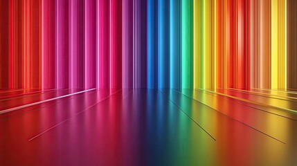 Poster - Vibrant rainbow stripes create a colorful backdrop with a smooth reflective floor, perfect for design and creative projects.