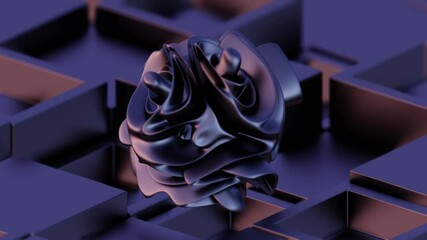 Poster - Abstract 3D Fluid Shape with Glossy Black Surface on a Purple Background