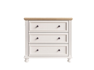 a white dresser with black knobs