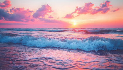 Wall Mural - Pink sunset over calm ocean waves.