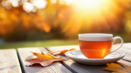 Sticker - A cup of tea on a wooden table with autumn leaves, AI