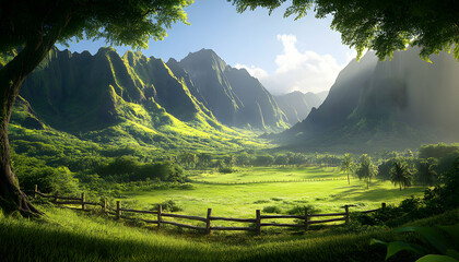 Wall Mural - Lush green valley surrounded by towering mountains.