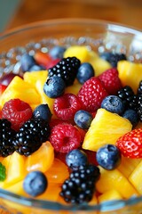 Wall Mural - Refreshing Fruit Salad with Summer Berries and Pineapple Chunks, Healthy Food and Vitamin Concept.