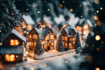 Miniature Christmas Village with Illuminated Houses and Snowy Trees