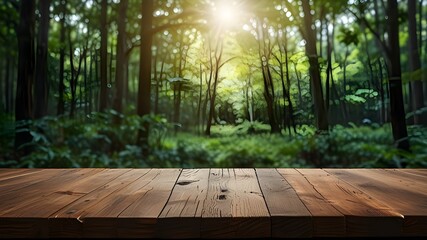 Green nature with woodden table top blur morning light forest for montage products display advertising background Generative AI