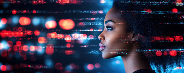 Poster - A woman with a black hair is looking at the camera. The background is filled with bright colors and blurry lines