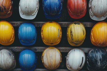 Wall Mural - A Row of Colorful Hard Hats Hanging on a Wall