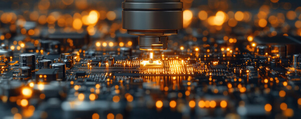 Poster - A computer chip is being manufactured in a factory. The image is a close up of the chip being made