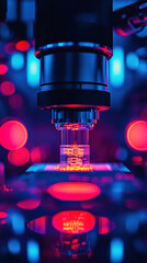 Poster - A close up of a microscope with a red and blue background. The image is of a small object, possibly a cell, being examined under the microscope. The colors of the background