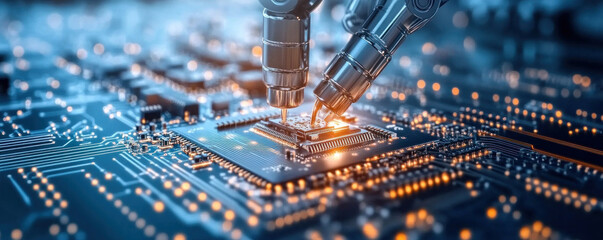 Poster - A computer chip is being worked on by a robot. The robot is using a tool to make a connection between two parts of the chip. Concept of precision and technical expertise