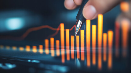Poster - A person is writing on a graph with a pen. The graph shows a series of orange lines, which could represent data or trends. The person is using the pen to draw these lines