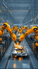 Poster - A factory with robots working on cars. Scene is industrial and mechanical