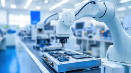 Poster - A robot is working on a computer chip. The robot is white and has a blue arm. The robot is in a lab with other robots and computers