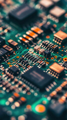 Poster - A close up of a circuit board with many small components. Concept of complexity and intricacy, as the various parts are densely packed together. Scene is one of fascination