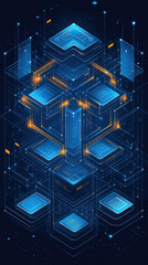 Poster - A blue and orange cube with a yellow dot in the middle. The cube is surrounded by other cubes and the yellow dot is in the center
