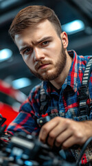 Wall Mural - A man with a beard and a plaid shirt is looking at the camera. He is wearing a harness and he is working on something