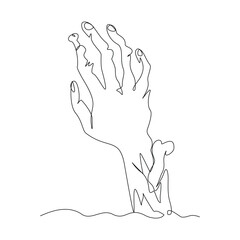 Continuous single line sketch drawing of zombie monster hand finger rising from cemetery graveyard tomb