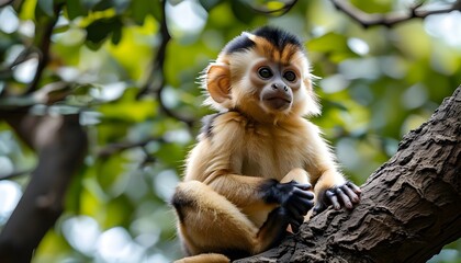 Charming Gelada monkey nestled among tree branches