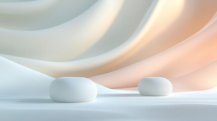 Poster - A minimalist design featuring smooth white stones against soft pastel fabric, creating a serene and calming atmosphere.