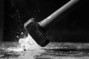 Canvas Print - A Hammer Striking a Surface with Dust and Debris Flying