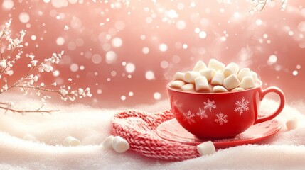 Wall Mural - A red mug filled with hot chocolate and marshmallows on a snowy background with a knitted scarf.