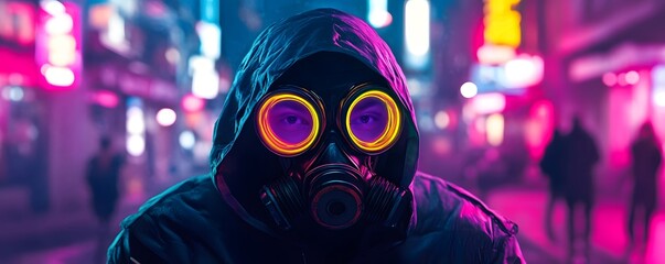 Sticker - Cyberpunk Gas Mask in Neon City Lights