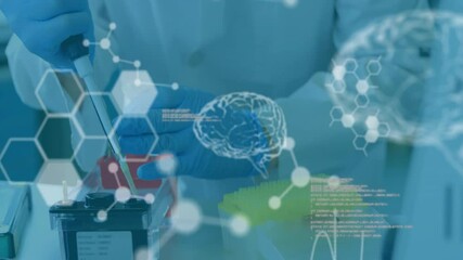  - Animation of scientific data processing over caucasian male scientist in laboratory