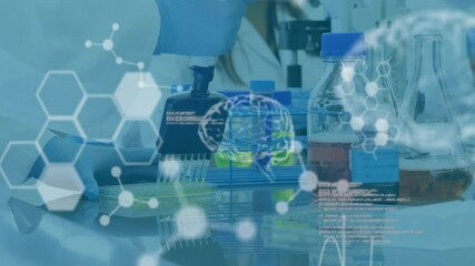Poster - Animation of scientific data processing over caucasian female scientist in laboratory