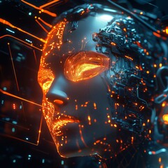 Poster - A robotic face made of glowing circuits and wires, representing artificial intelligence.