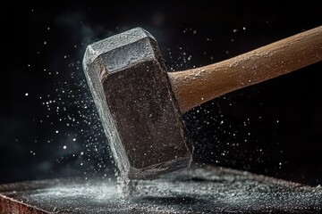 Canvas Print - Sledgehammer Striking a Surface with White Dust Explosion