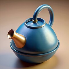 Wall Mural - A charming. 3D rendering of a blue teapot with a golden spout and handle.