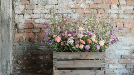 Poster - A rustic wooden crate filled with a vibrant bouquet of pink, purple, and orange flowers, set against a weathered brick wall.