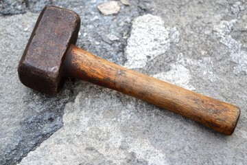 Poster - Rusty Hammer with Wooden Handle on Concrete