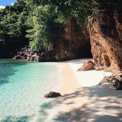 Sticker - A secluded beach with white sand, turquoise water, and a cave in the cliffs.