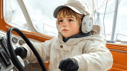 A young boy in a white jacket and earmuffs driving the boat, AI