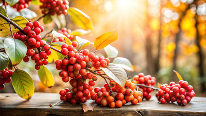 Vibrant autumn berries and leaves illuminated by sunlight on a wooden surface in a forest setting, Autumn berry picking, copy space