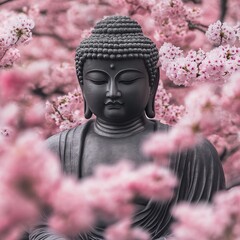 Poster - A serene black Buddha statue amidst blooming pink cherry blossoms.