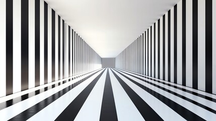 Poster - A modern, minimalist interior featuring black and white striped walls and floor, creating a striking visual effect.