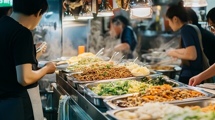 Wall Mural - A busy food court with various noodle dishes being served at different counters, with people enjoying their meals.