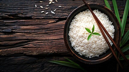 145. Cooked white rice (Thai Jasmine rice), with paddy, rice in dark wooden bowl with chopsticks on the wood black bamboo background.