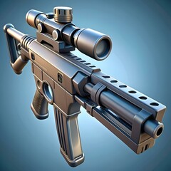 A futuristic rifle with a scope is rendered in a 3D style against a blue background.