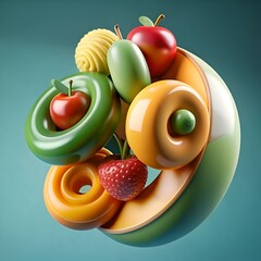 Poster - A vibrant 3D illustration of colorful fruits arranged in an abstract. playful design.