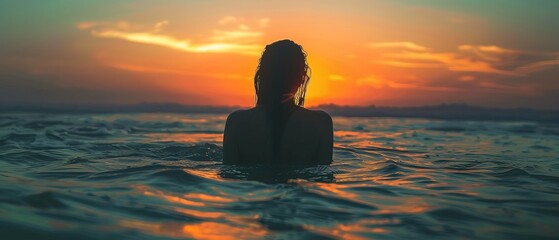 Wall Mural - Back view of unrecognizable female silhouette standing in rippling sea water 